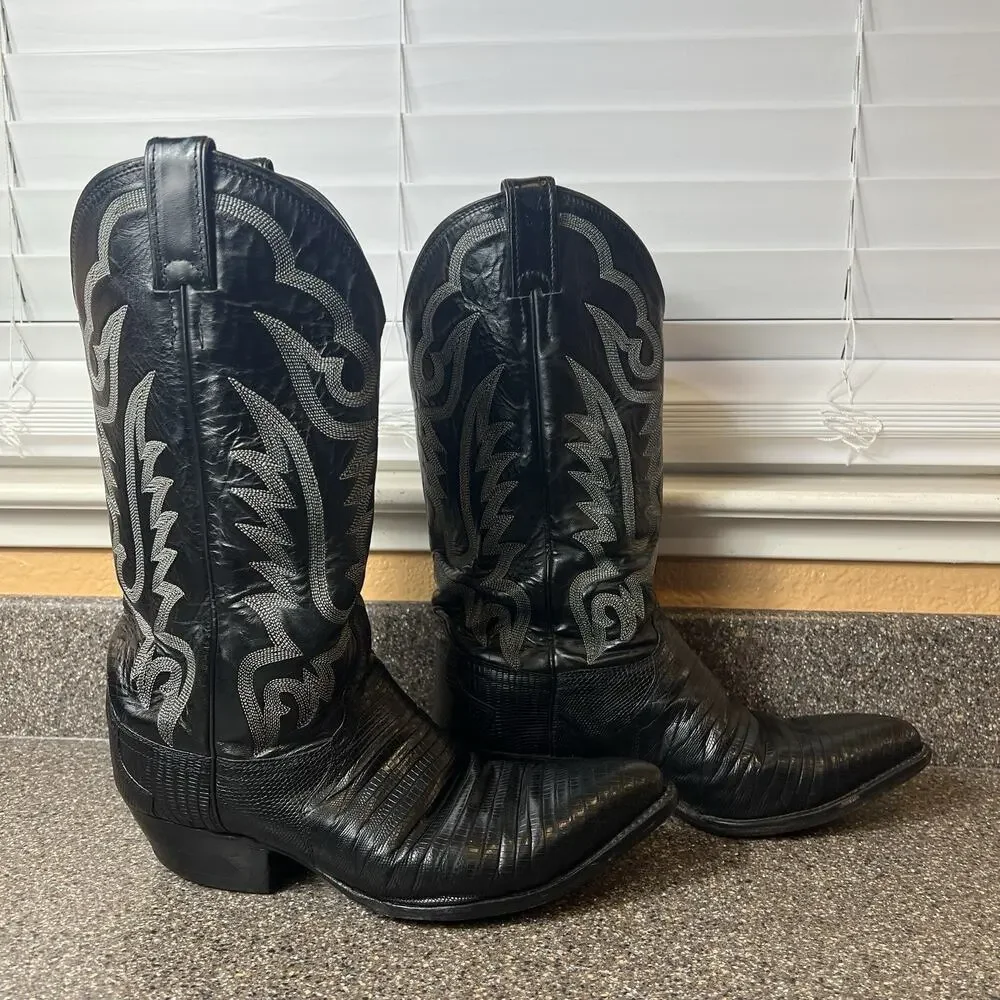 Justin 8311 Vintage Black Lizard Skin Western Cowboy Boots Men's Size 9.5 D USA